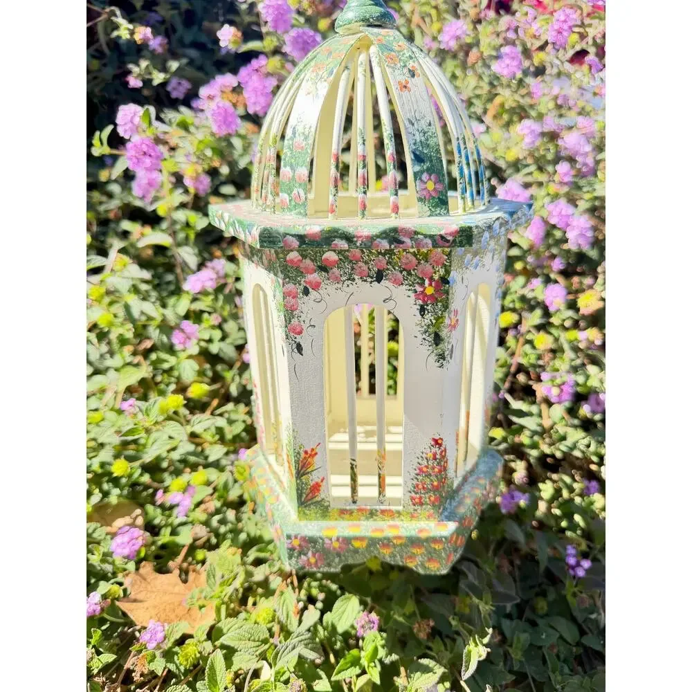 Hand Painted Wood Floral Birdcage Hanging Decor Folk Art Cottagecore Grandmacore